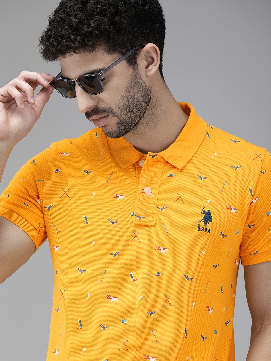 

U S Polo Assn Men Mustard Yellow Printed Polo Collar T-shirt