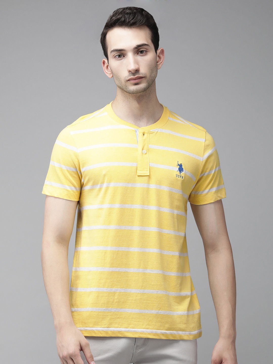 

U.S. Polo Assn. Men Yellow White Striped Henley Neck Pure Cotton T-shirt