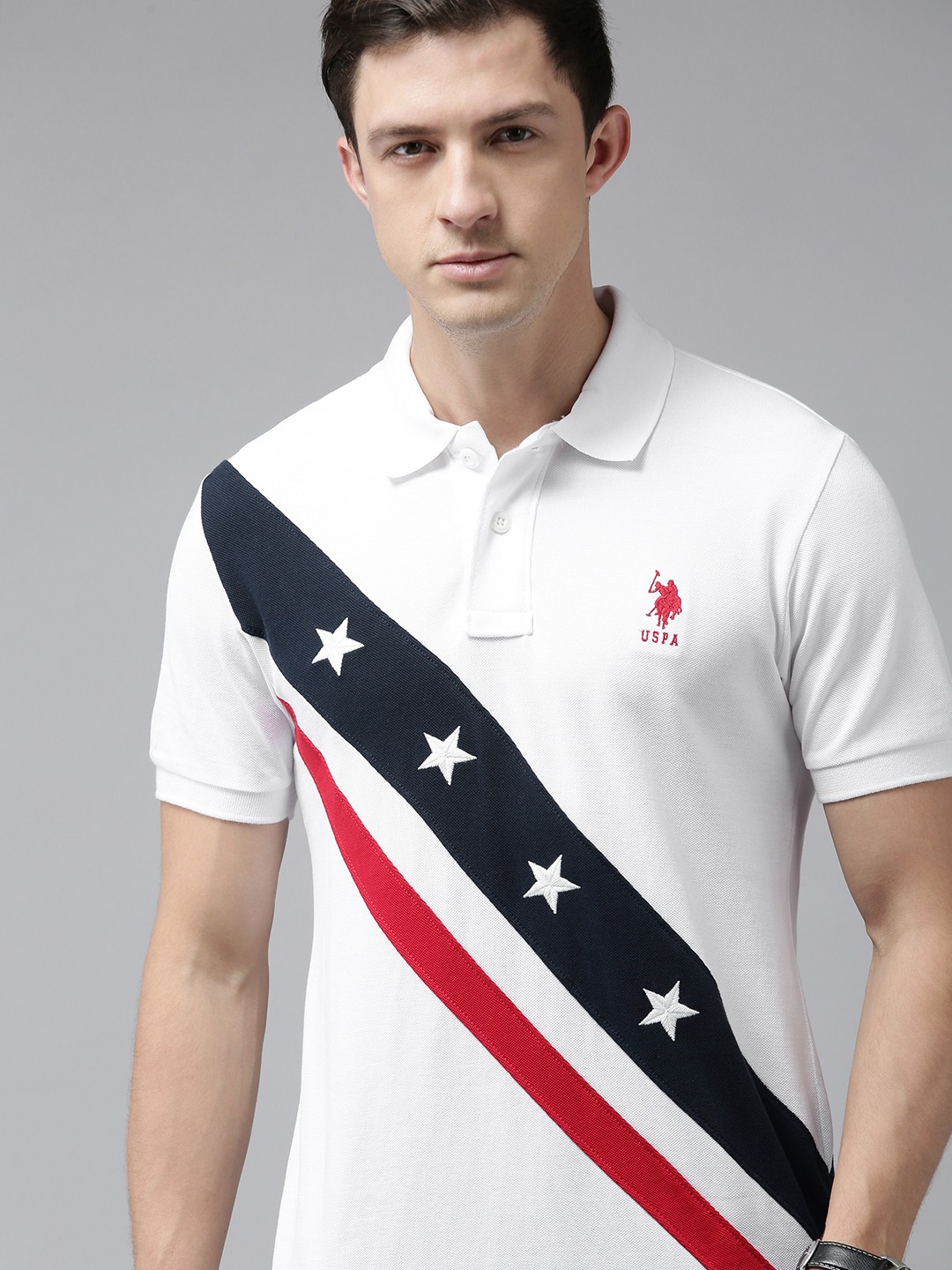 

U S Polo Assn Men White Cross Striped Polo Collar Slim Fit Pure Cotton Casual T-shirt