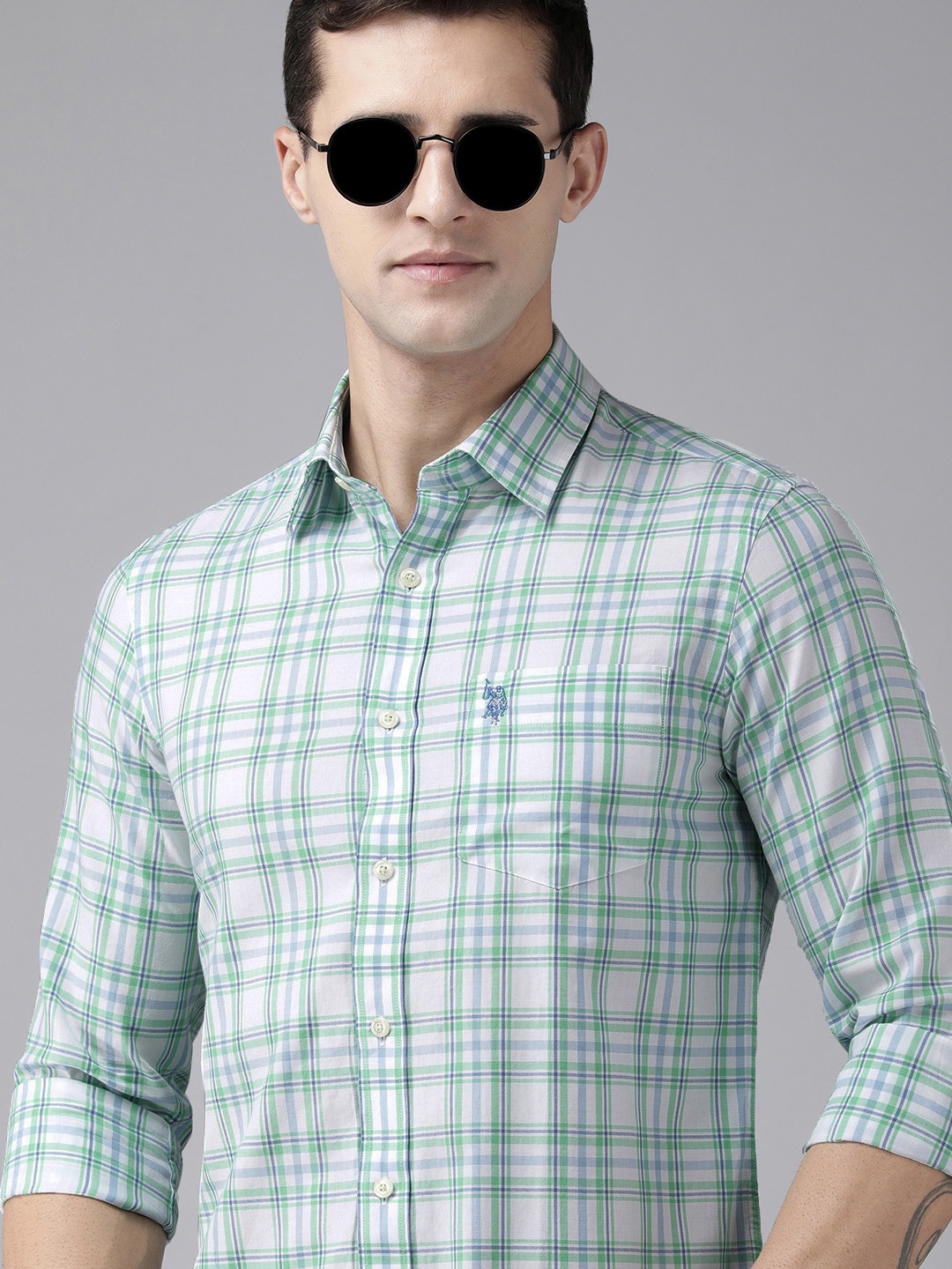 

U S Polo Assn Men Green & White Tailored Fit Checked Pure Cotton Casual Shirt