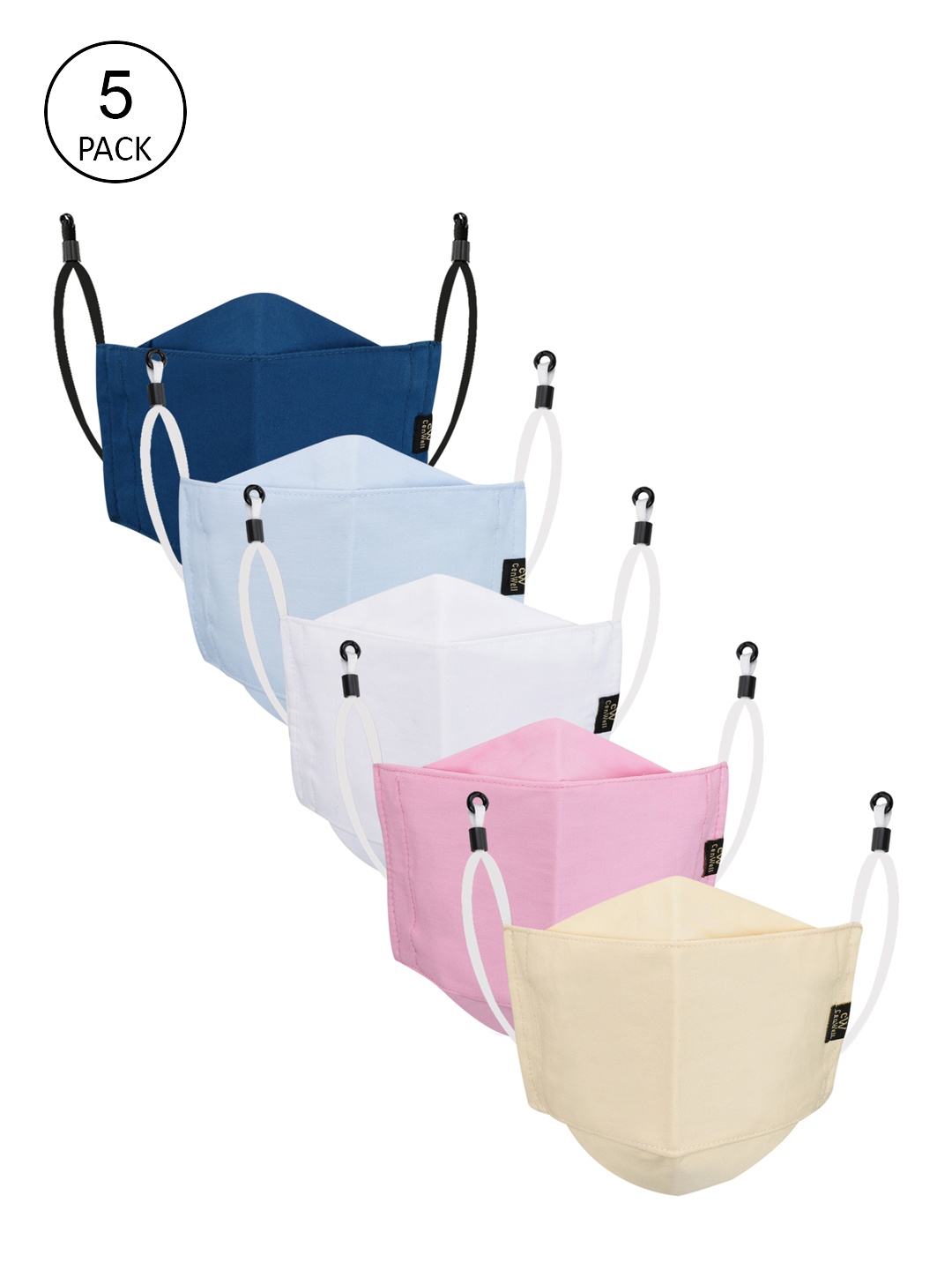 

CENWELL Unisex Pack Of 5 Solid 6-Ply Reusable 3D Cloth Masks, Blue