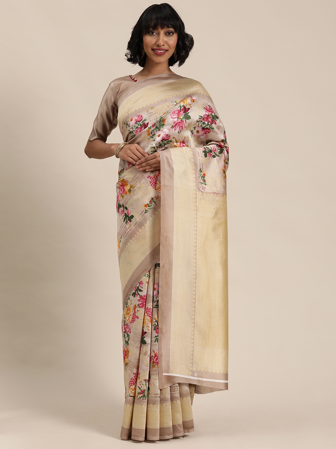 

KALINI Taupe Floral Silk Blend Bhagalpuri Saree