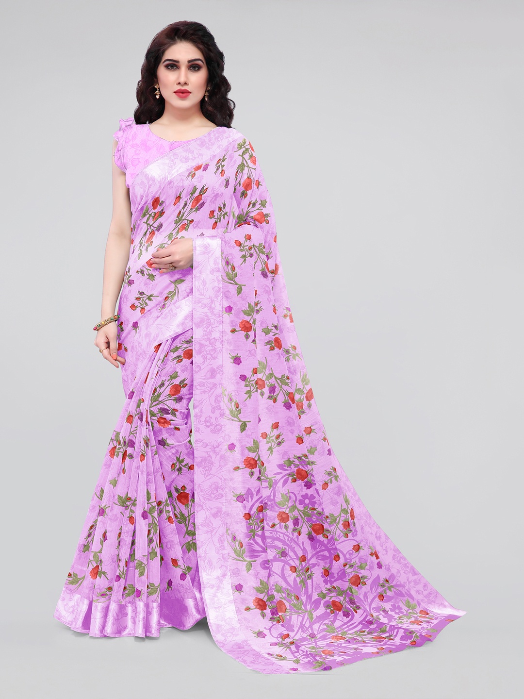 

KALINI Pink & Lavender Floral Bagh Saree