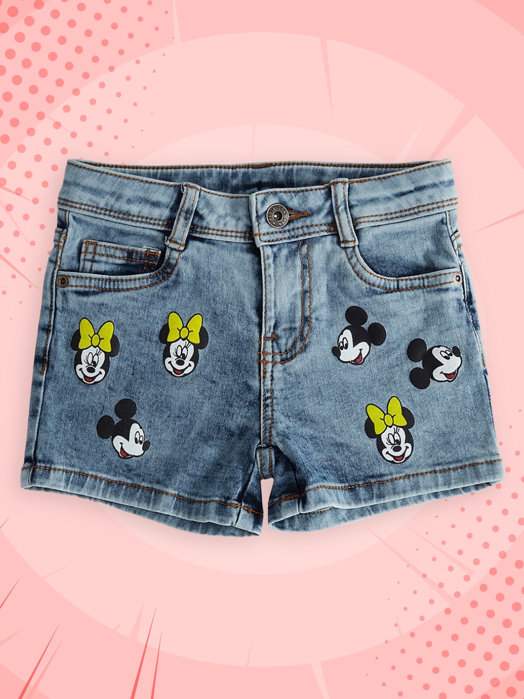 

Pantaloons Junior Girls Blue Embellished Mickey & Minnie Mid-Rise Denim Shorts