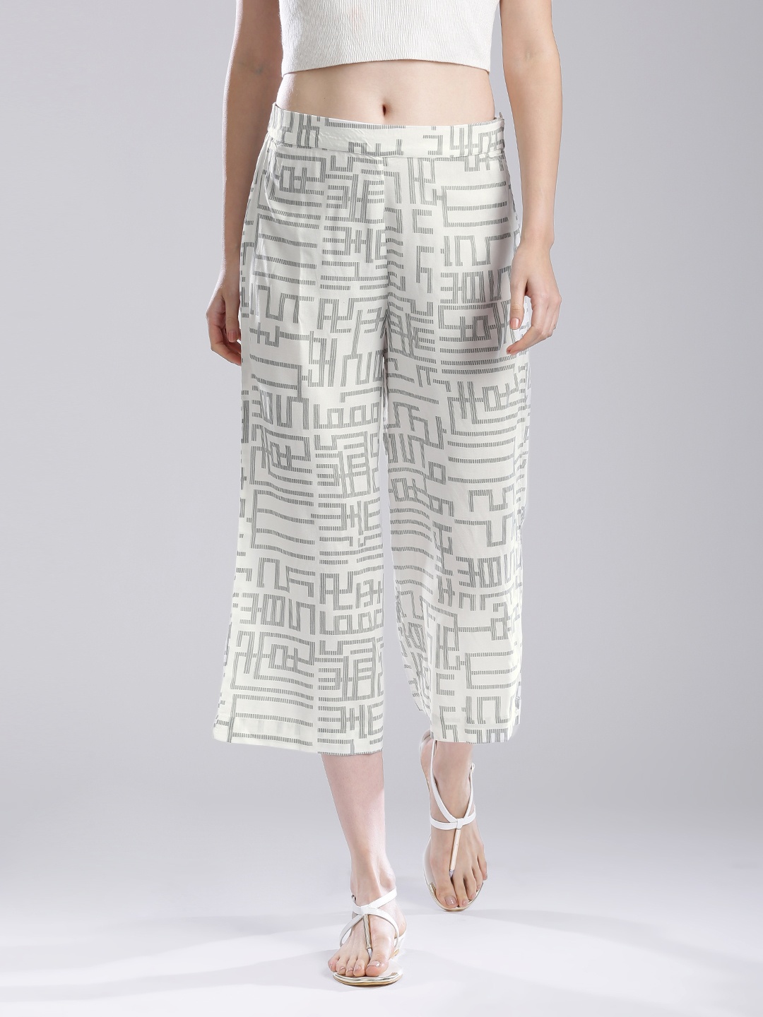 

W Women Off-White & Grey Printed Culottes