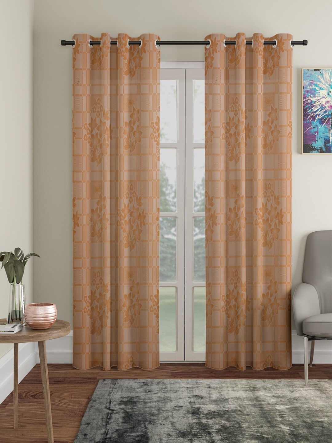 

HOSTA HOMES Brown & Off White Set of 2 Floral Door Curtain