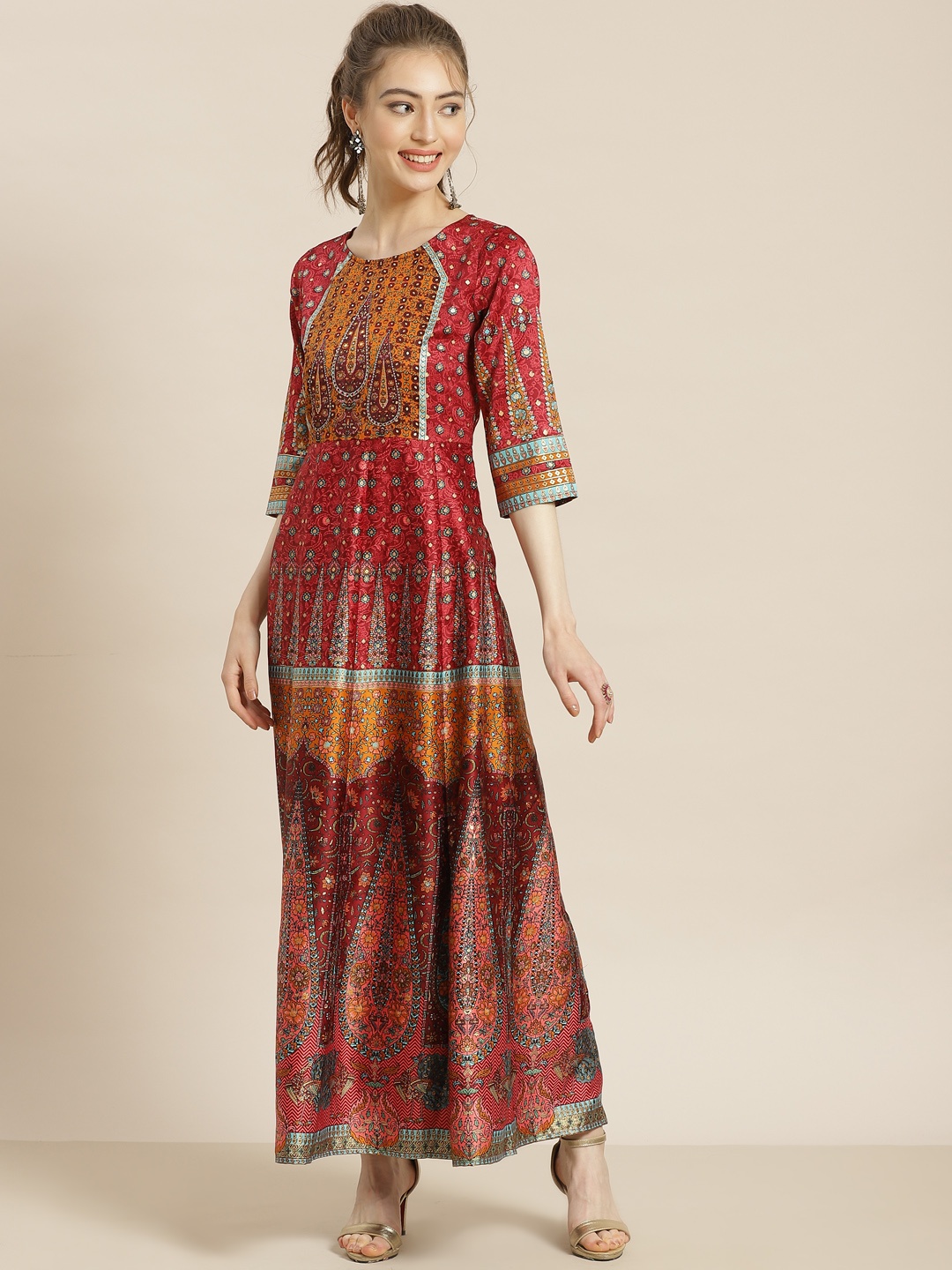 

Juniper Women Maroon & Mustard Yellow Ethnic Motifs Print Dull Satin Maxi Dress