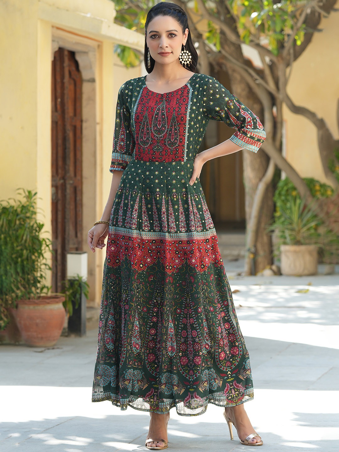 

Juniper Green & Red Ethnic Motifs Maxi Dress