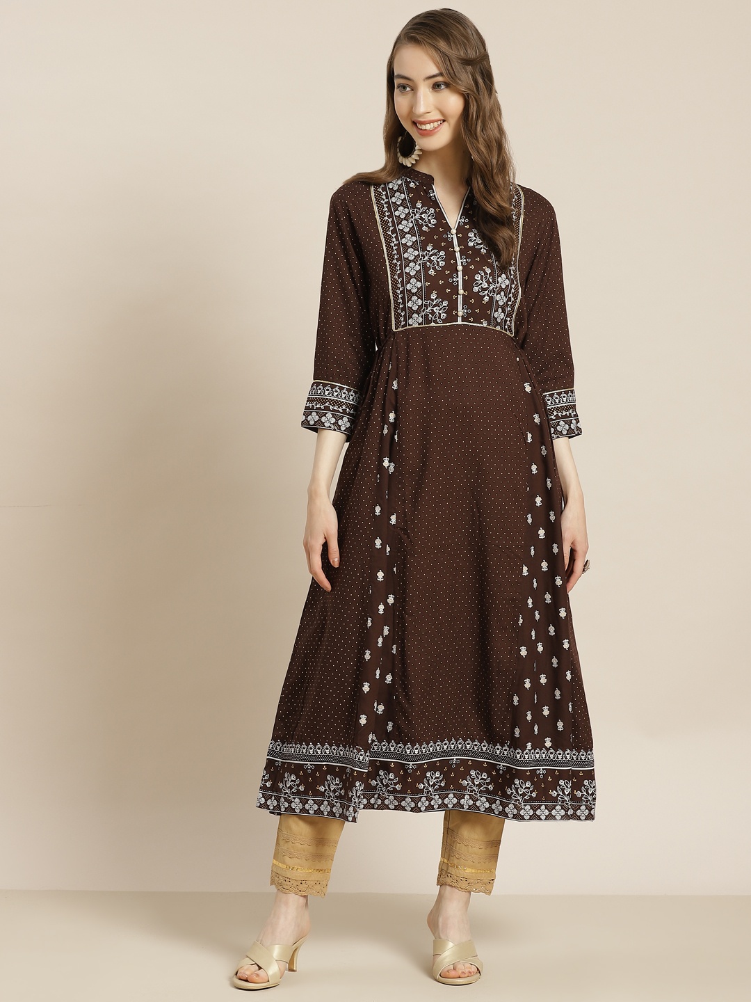 

Juniper Women Coffee Brown & Off White Printed Liva Kurta