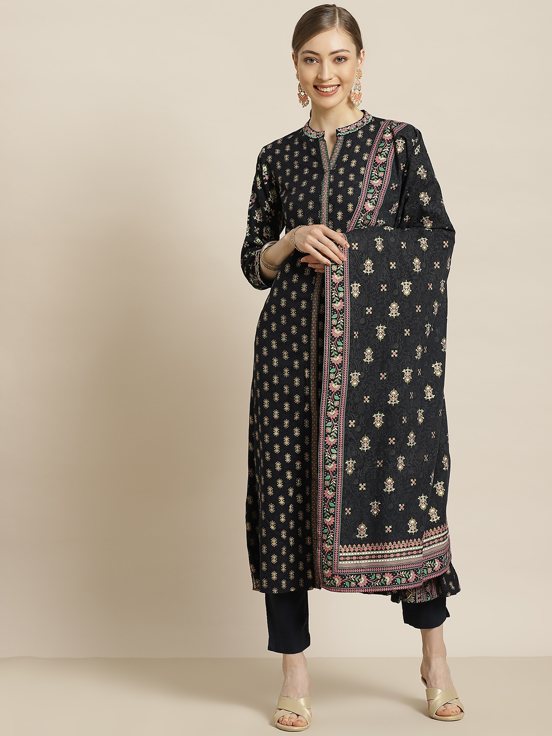 

Juniper Women Navy Blue & Golden Ethnic Motifs Foil Print Liva Kurta Set With Dupatta