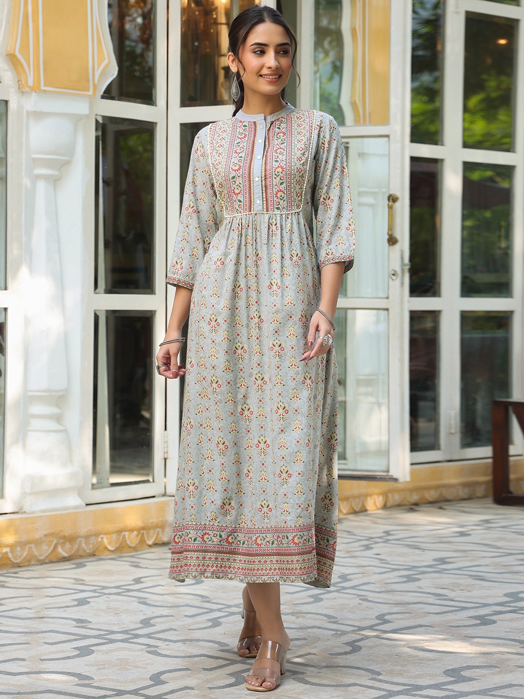

Juniper Grey & Red Ethnic Motifs Liva Ethnic Maxi Dress