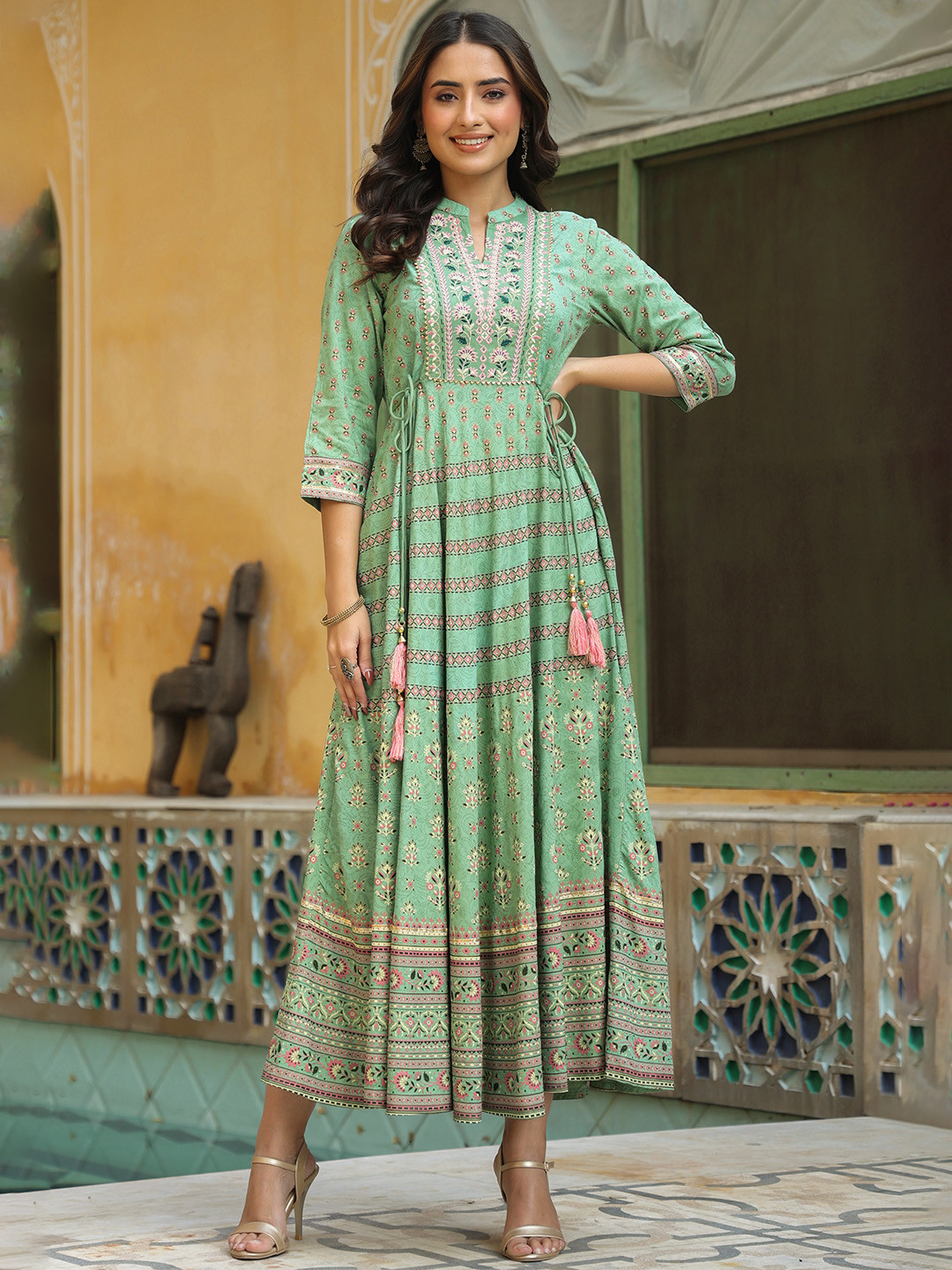 

Juniper Women Green & Golden Ethnic Motifs Embroidered Liva Maxi Dress