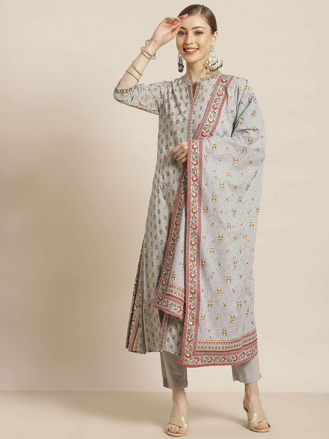 

Juniper Women Grey & Red Ethnic Motifs Foil Print Liva Kurta with Trousers & With Dupatta
