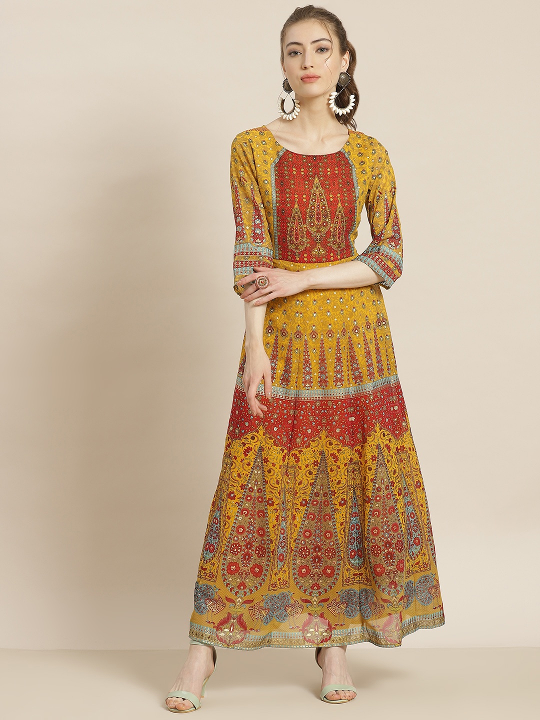 

Juniper Mustard Yellow & Red Ethnic Motifs Maxi Dress