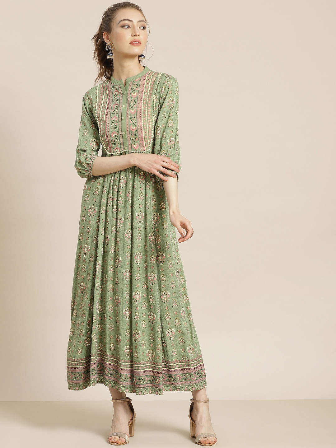

Juniper Women Green & Golden Ethnic Motifs Printed Liva Maxi Dress