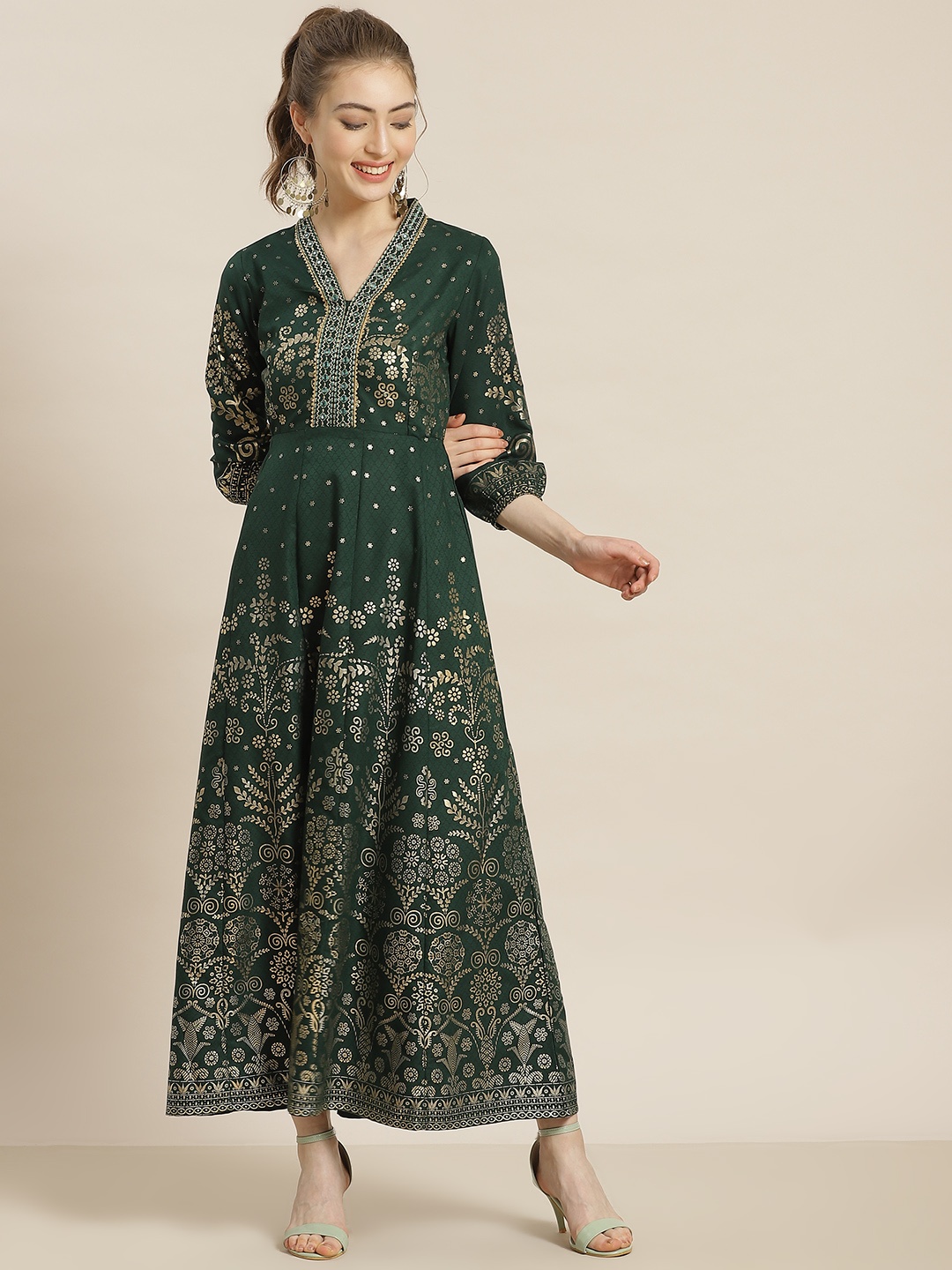 

Juniper Green & Golden Ethnic Motifs Liva Maxi Dress