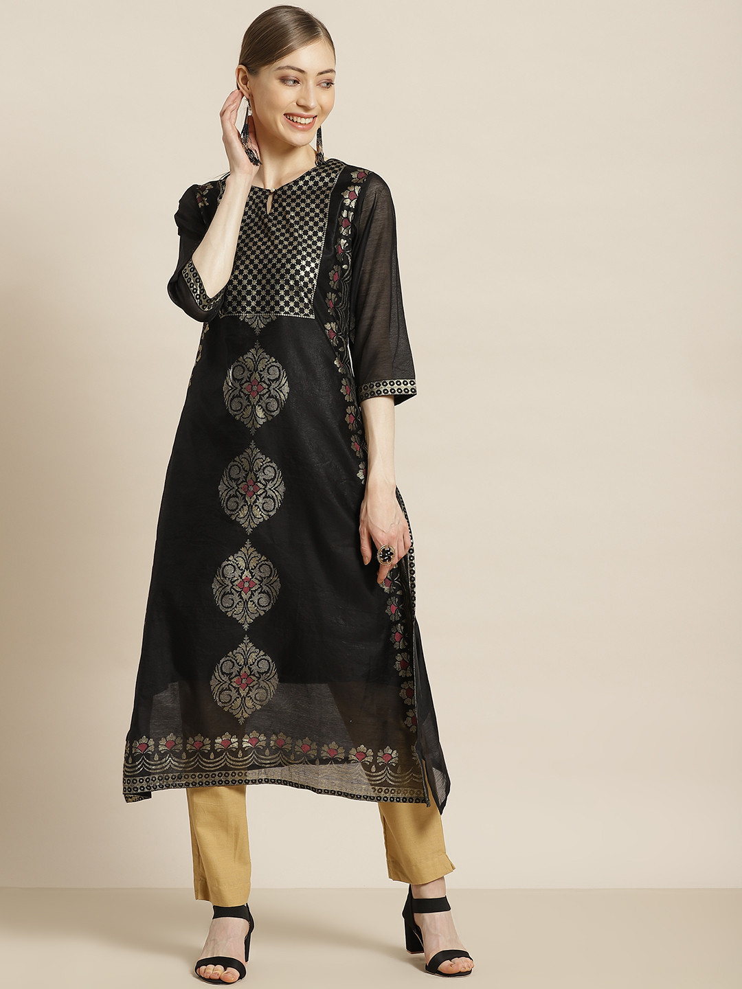 

Juniper Women Black & Golden Ethnic Motifs Foil Printed Keyhole Neck Chanderi Silk Kurta