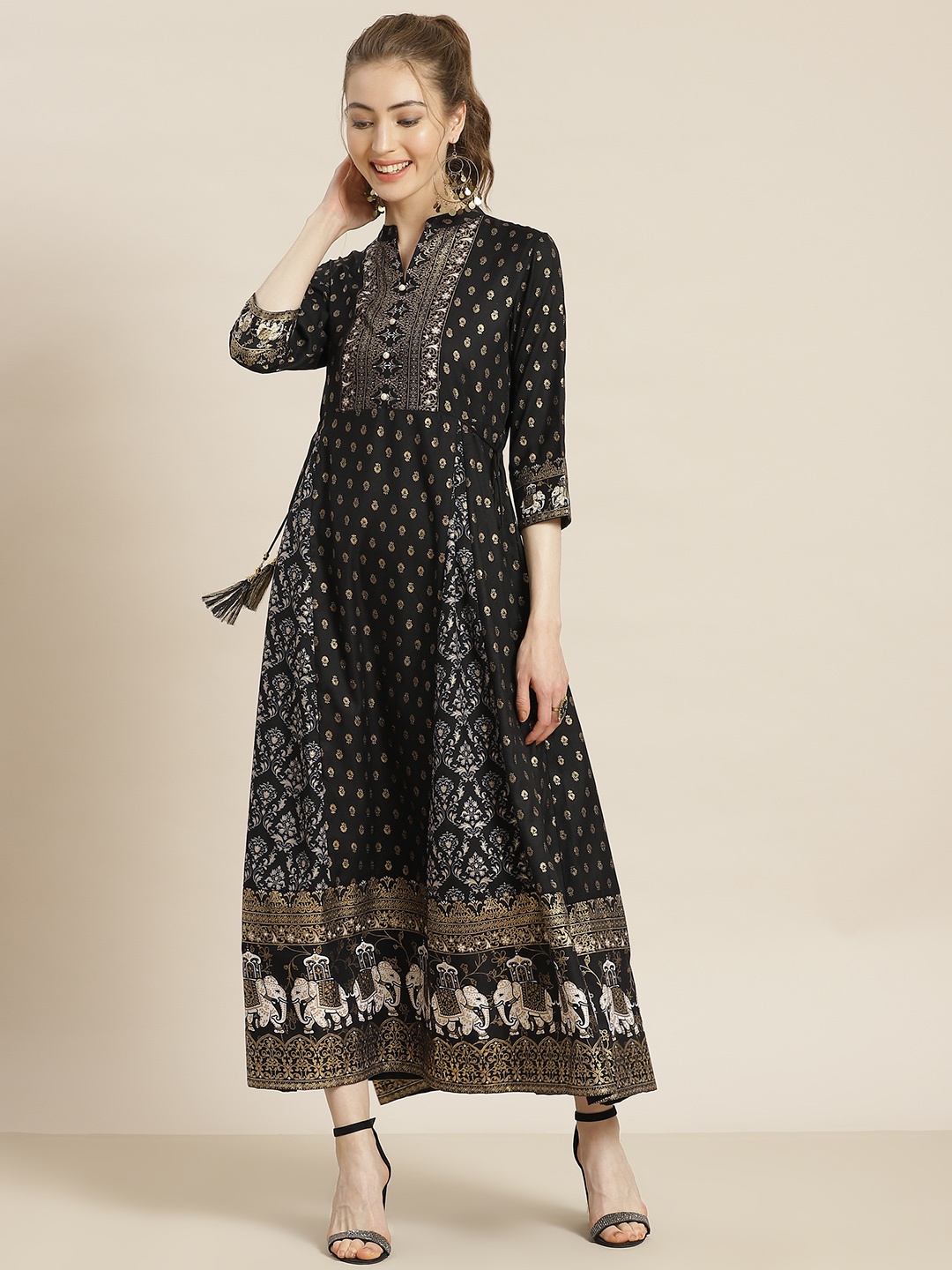 

Juniper Black & Golden Ethnic Motifs Liva Ethnic Maxi Dress