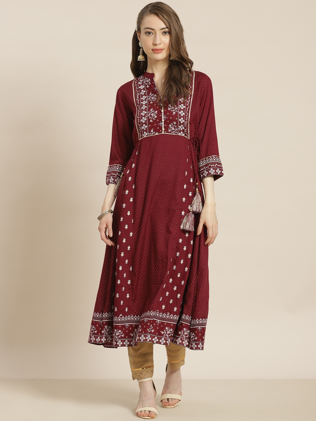 

Juniper Women Maroon & Golden Khari Printed Thread Work Liva Straight Kurta