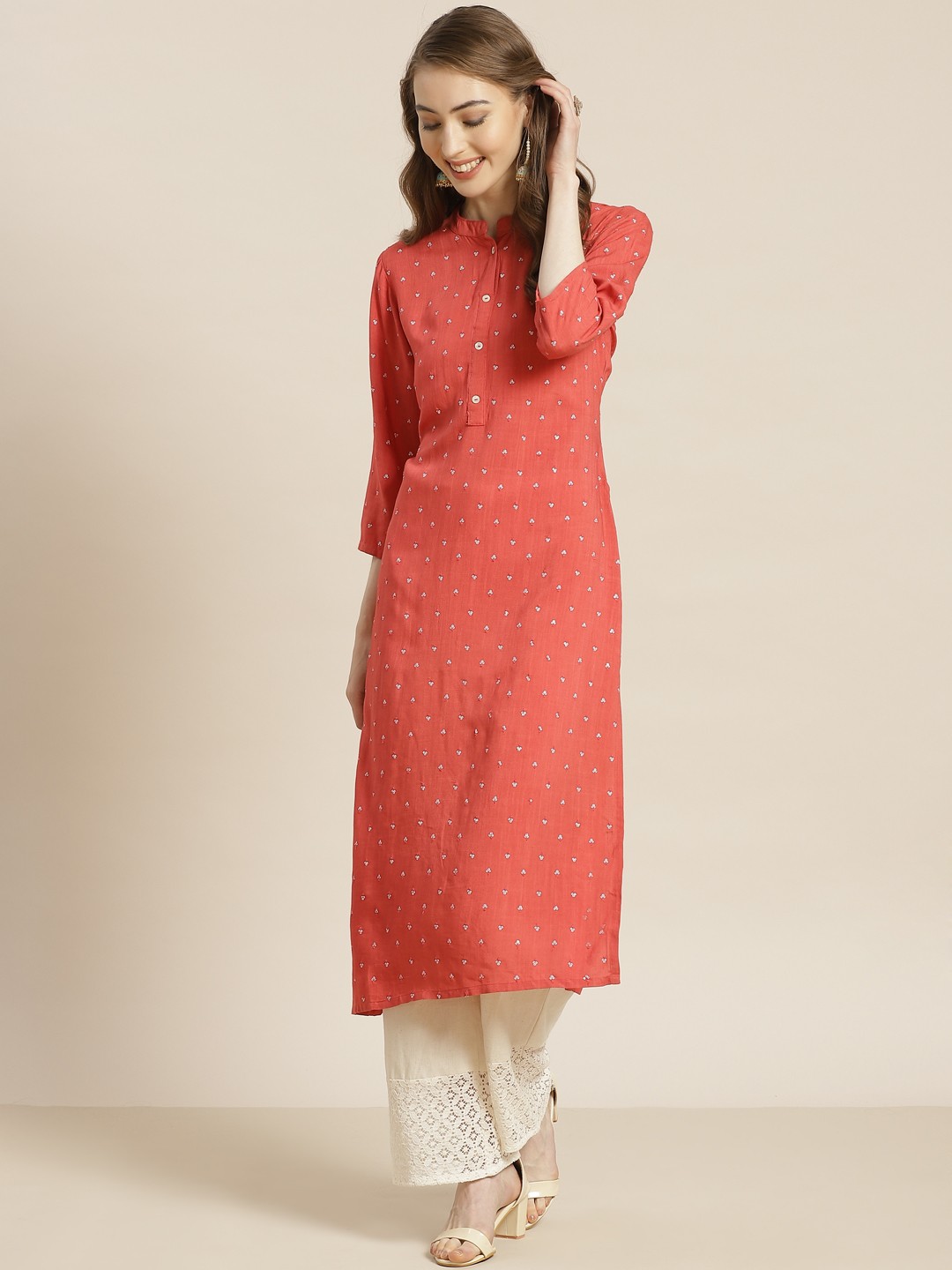 

Juniper Women Coral Pink Liva Sequinned Straight Kurta