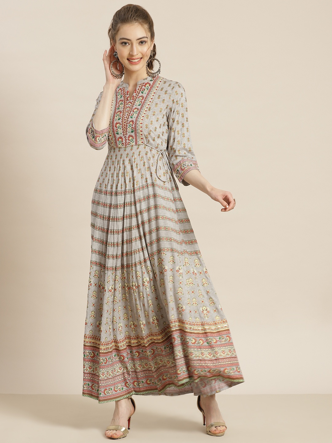 

Juniper Grey & Maroon Ethnic Motifs Peinted Liva Ethnic Maxi Dress With Embroidered Detail