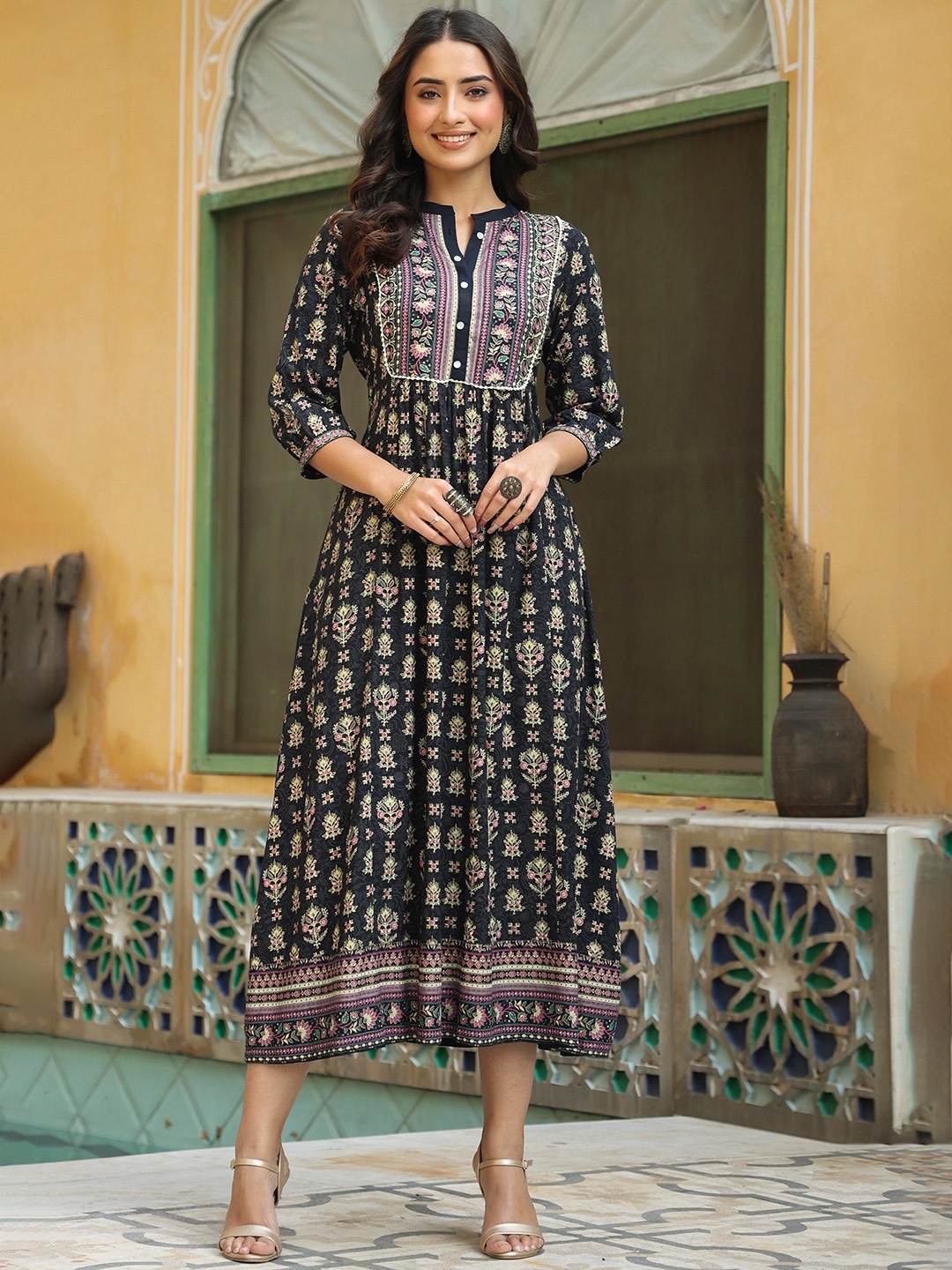 

Juniper Navy Blue & Golden Ethnic Motifs Print Maxi Dress