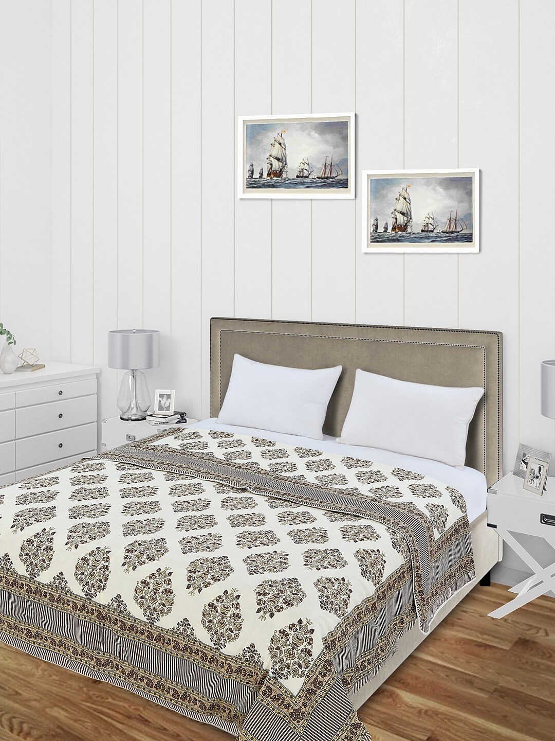 

Salona Bichona White & Brown Ethnic Motifs AC Room 120 GSM Double Bed Dohar