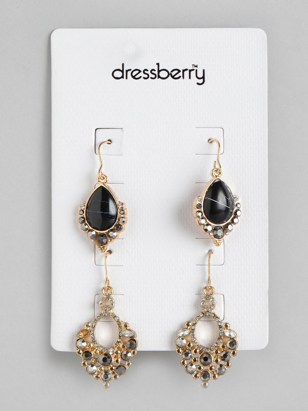 

DressBerry Set of 2 Black Gold-Plated Stone Studded Drop Earrings