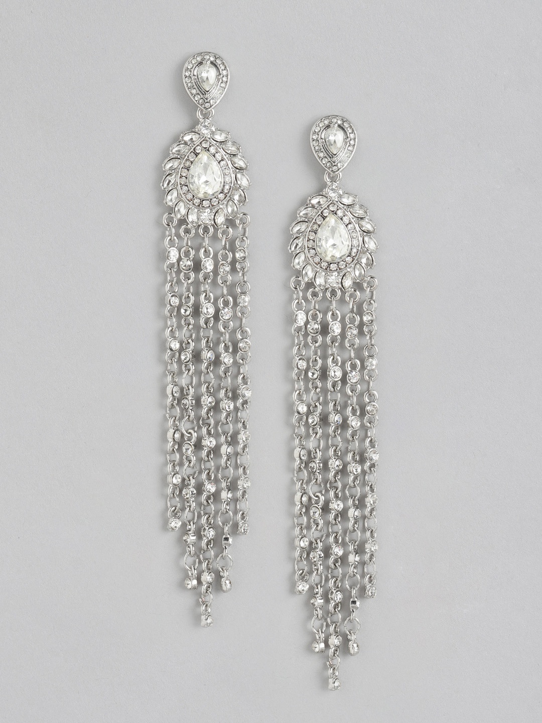 

DressBerry Silver-Plated Stone-Studded Teardrop-Shaped Chandelier Drop Earrings