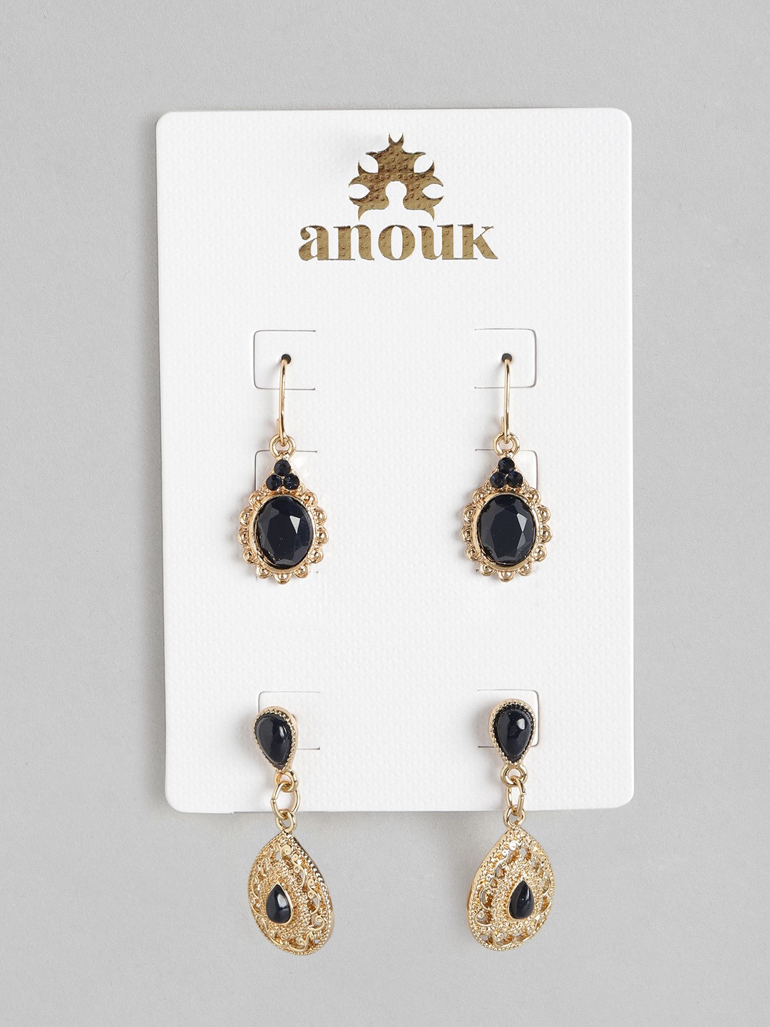 

Anouk Set of 2 Black Gold-Plated Stone Studded & Beaded Drop Earrings