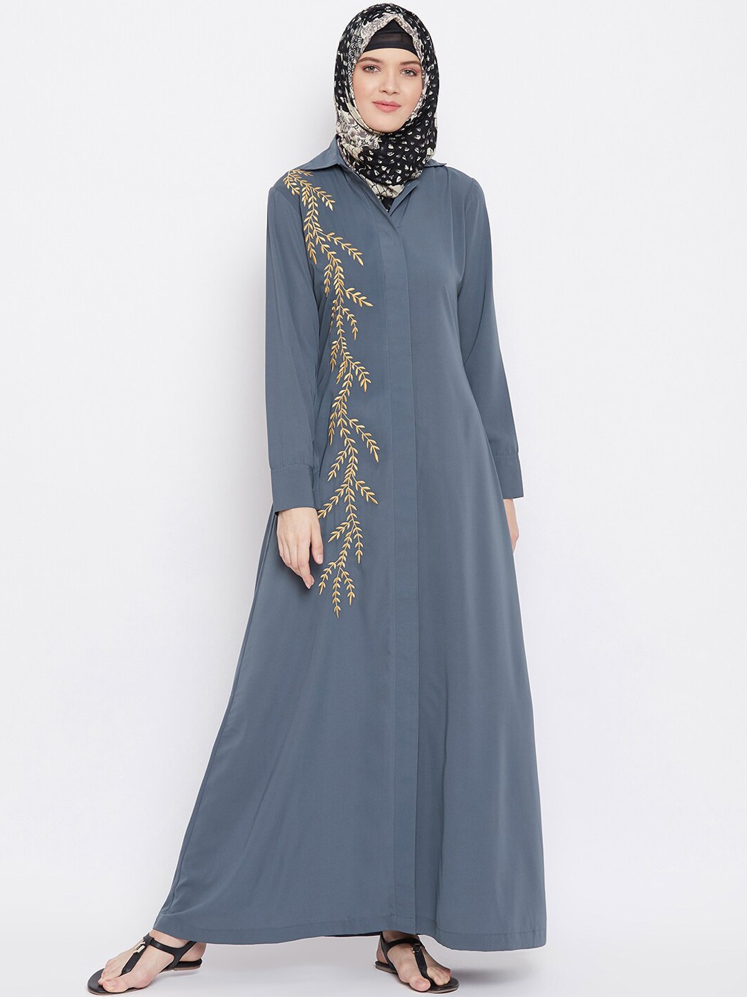 

MOMIN LIBAS Women Grey Embroidered Abaya Burqa