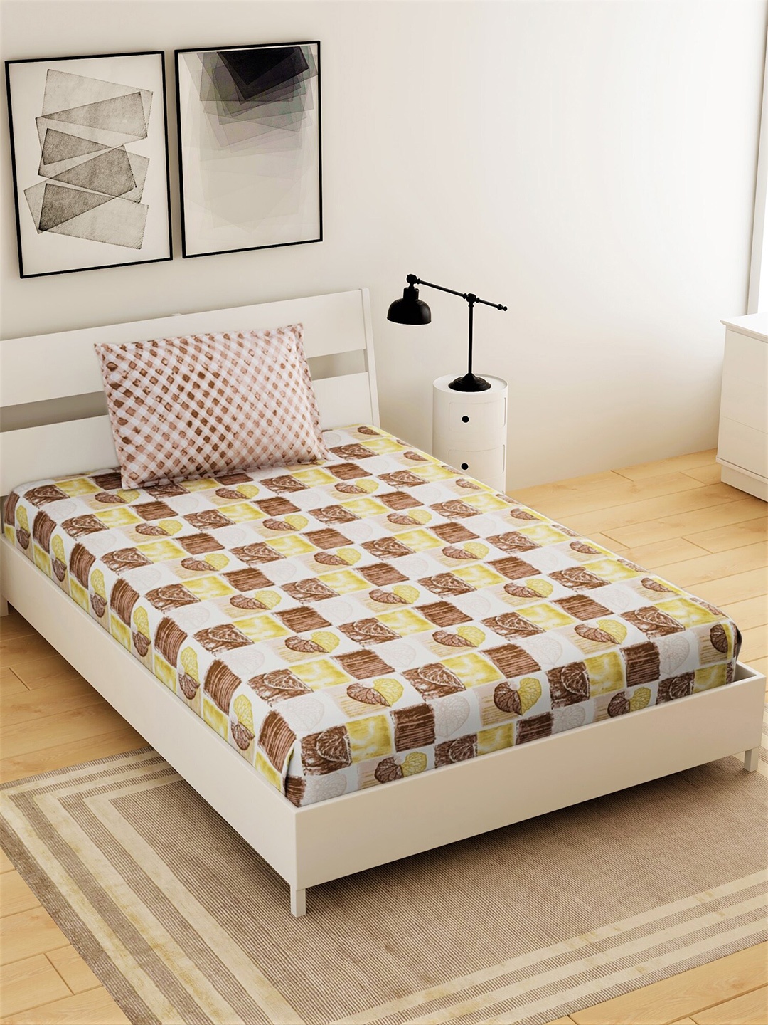 

Salona Bichona Brown & White Geometric 104 TC Single Bedsheet with 1 Pillow Covers
