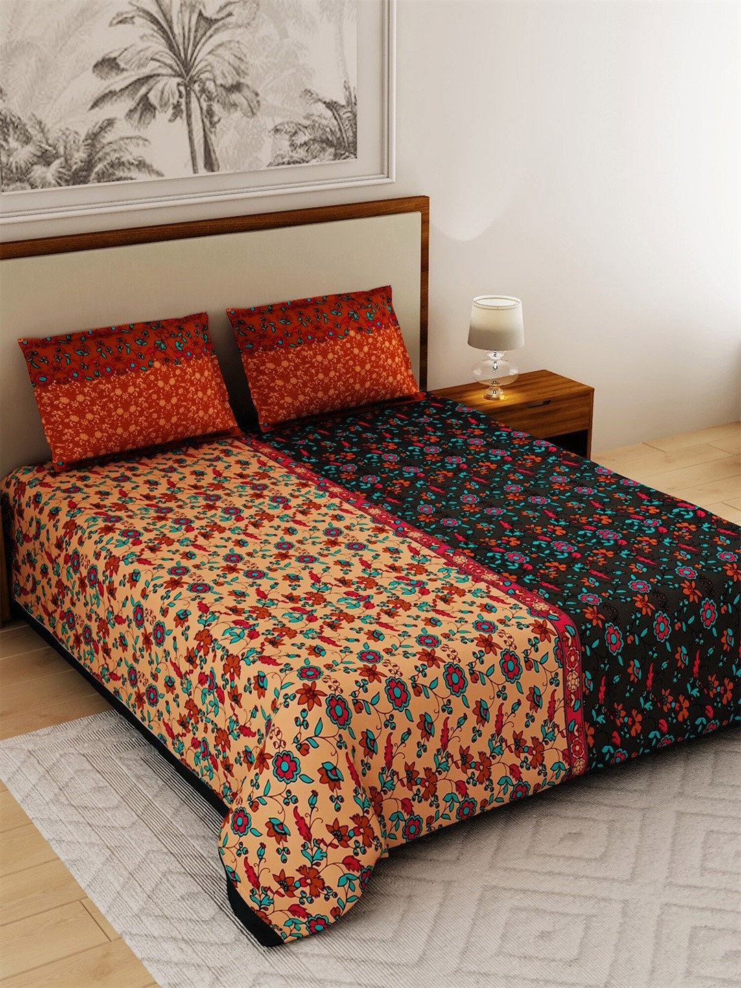 

Salona Bichona Orange & Brown Floral 120 TC Queen Bedsheet with 2 Pillow Covers