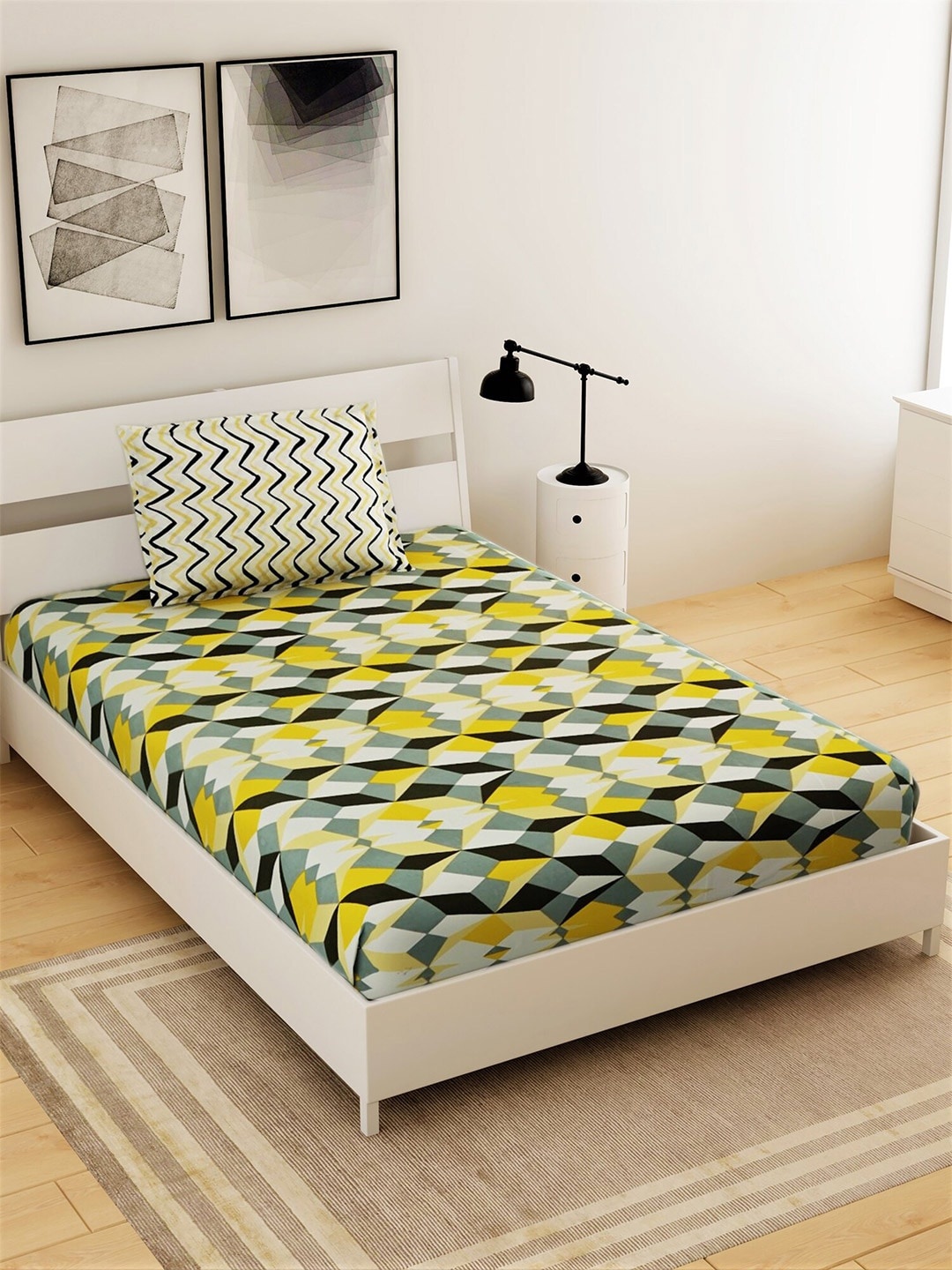 

Salona Bichona Yellow & Black 104 TC Single Bedsheet with 1 Pillow Covers
