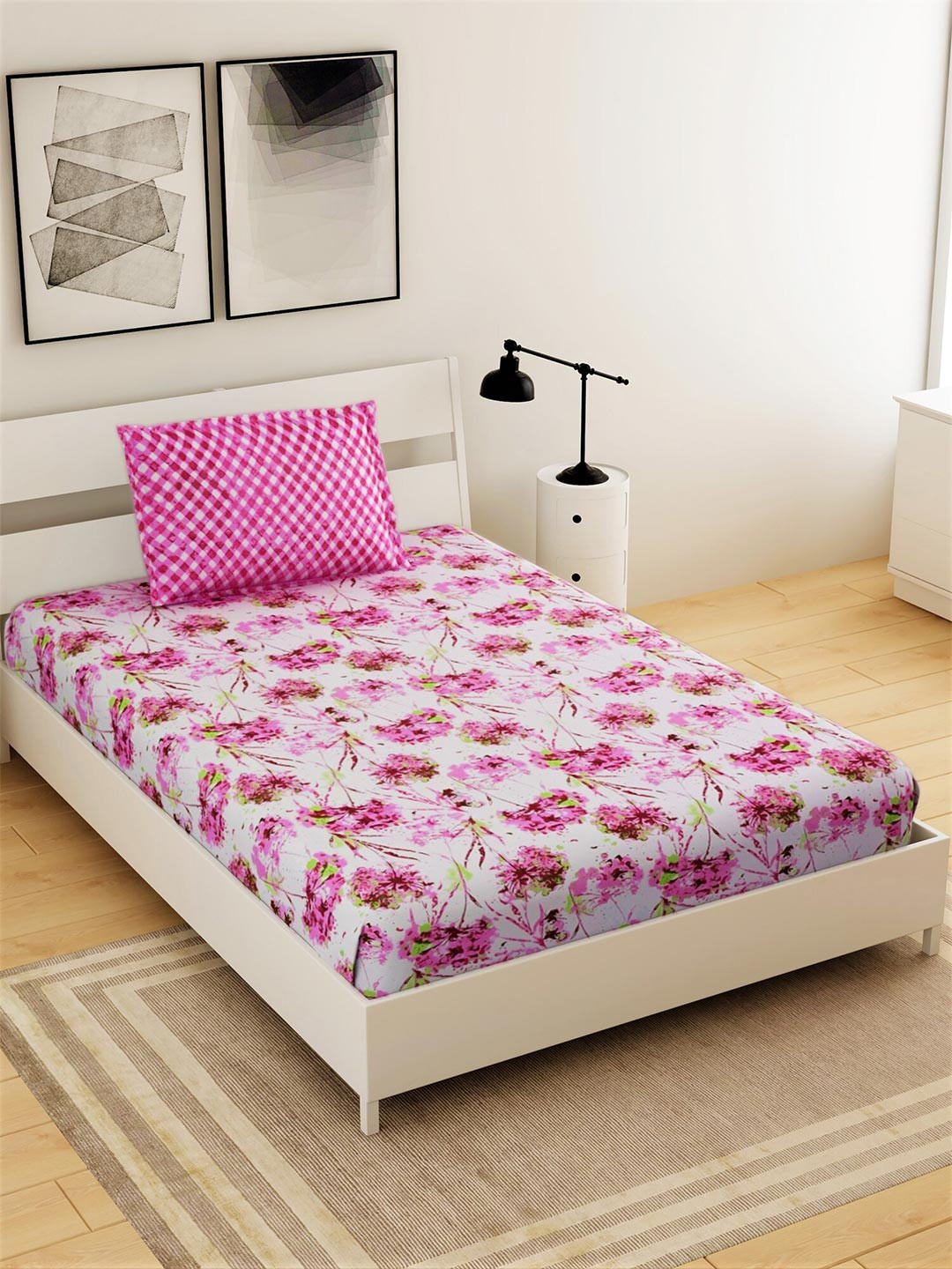 

Salona Bichona Magenta & White Floral 104 TC Single Bedsheet with 1 Pillow Covers