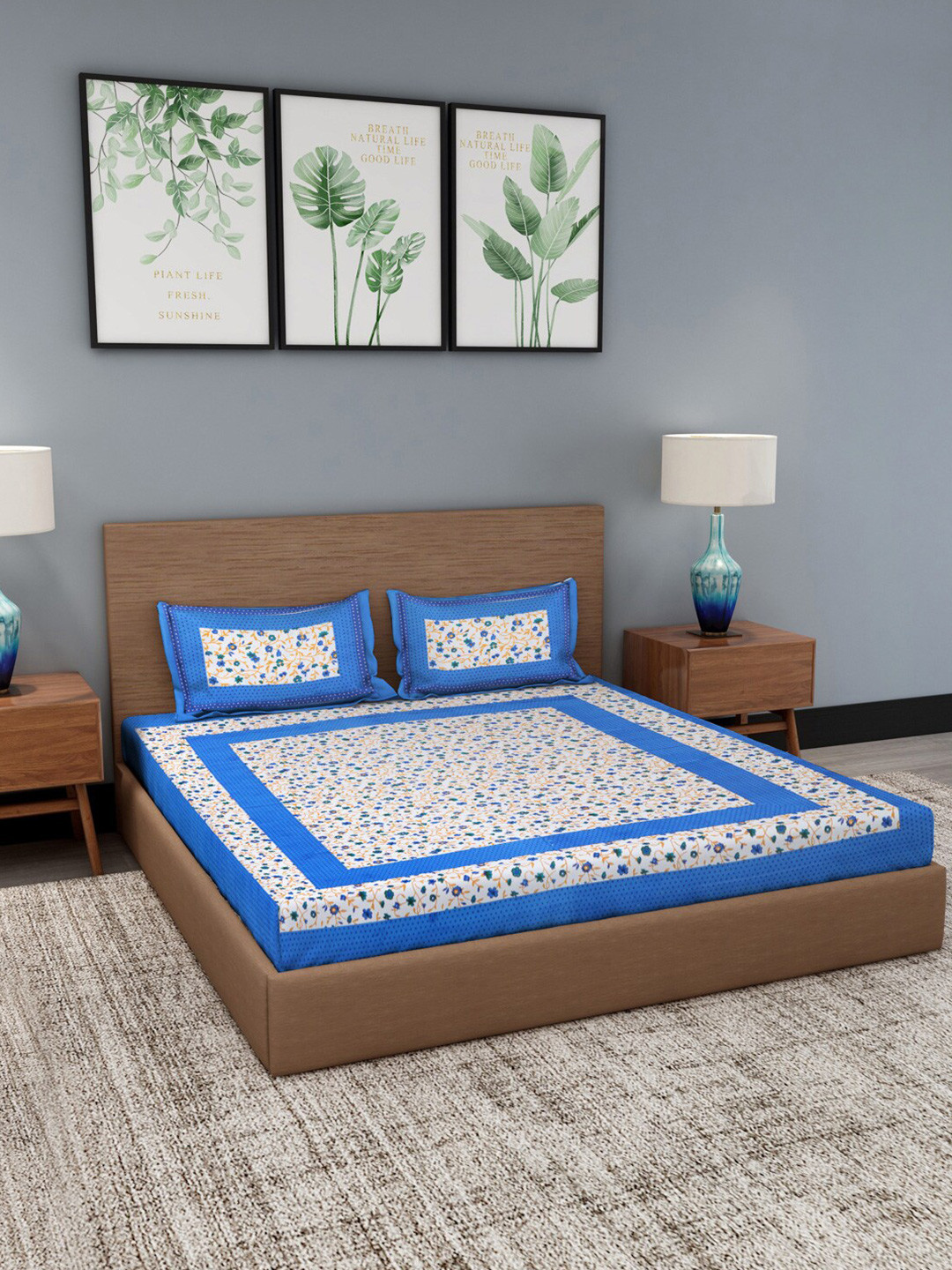 

Gulaab Jaipur White & Blue Floral 210 TC Queen Bedsheet with 2 Pillow Covers