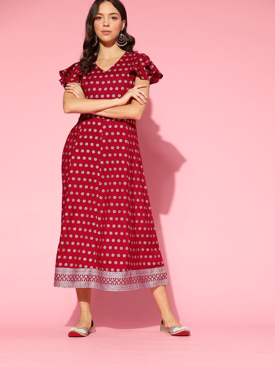 

Sangria Red & Silver-Toned Floral A-Line Dress