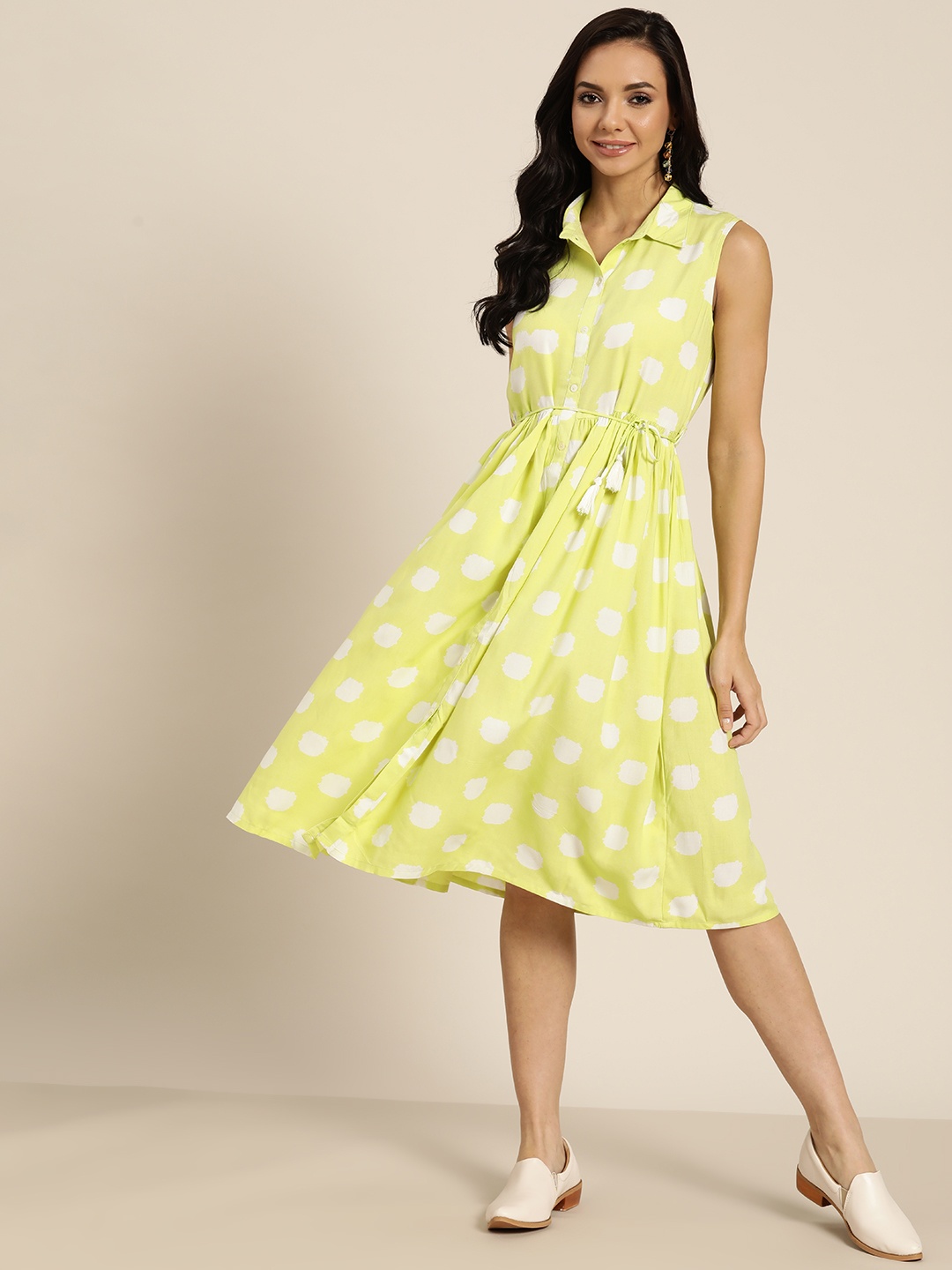 

Sangria Lime Green & White Geometric Print Fit & Flare Midi Dress with Belt