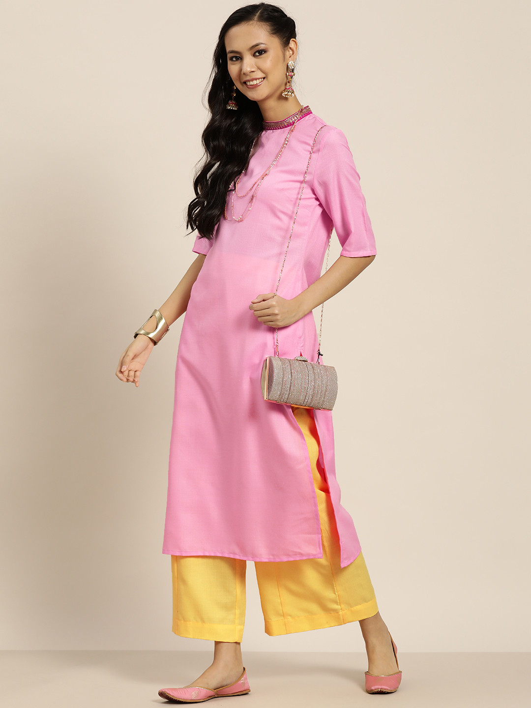 

Sangria Women Pink & Yellow Solid Thread Work Straight Kurta with Palazzos