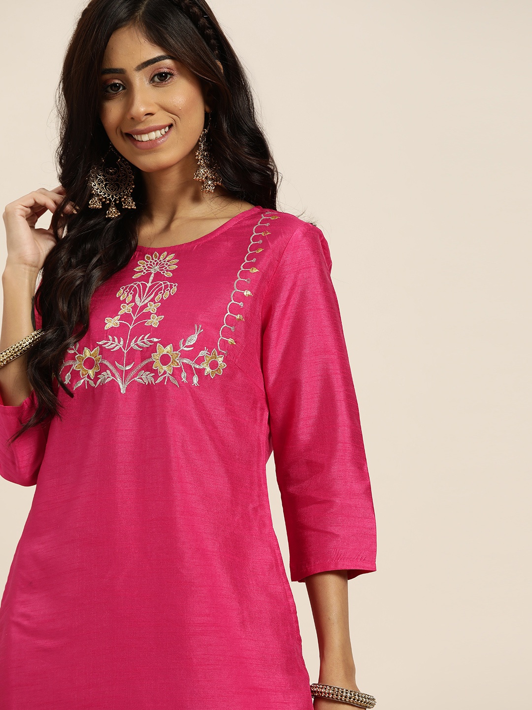 

Sangria Women Pink & Golden Ethnic Motifs Yoke Design Regular Kurta with Trousers