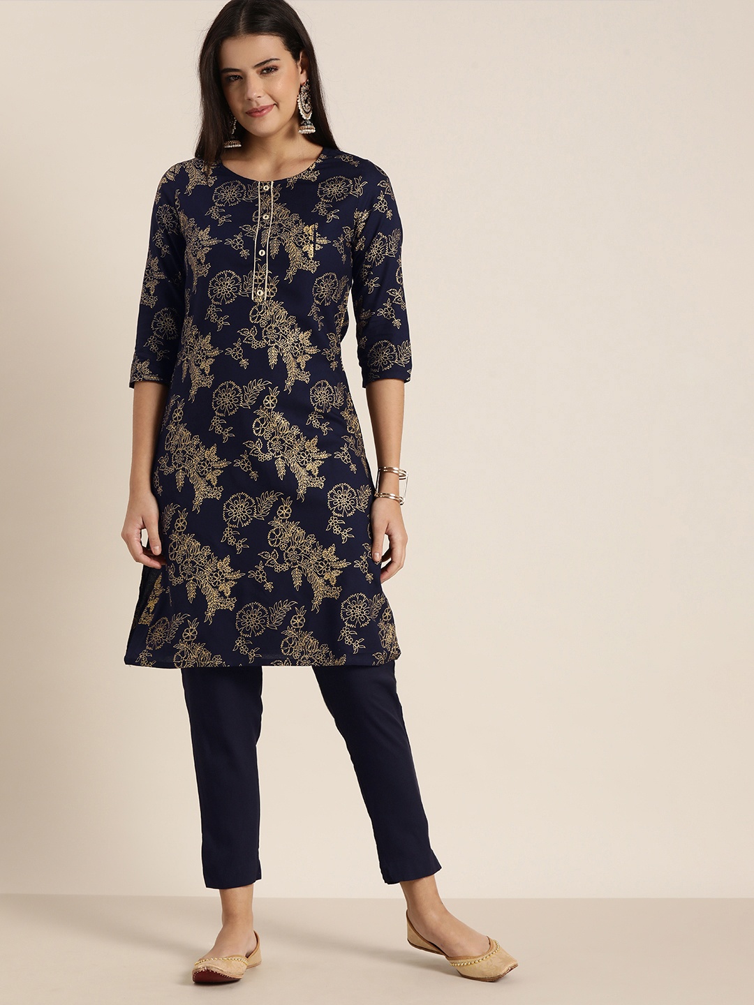 

Sangria Women Navy Blue Ethnic Motifs Printed Kurta with Trousers