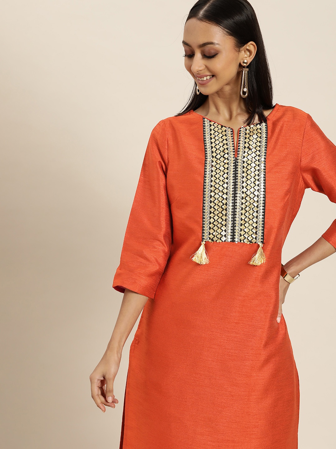 

Sangria Women Orange Yoke Design Regular Sequinned Kurta with Trousers