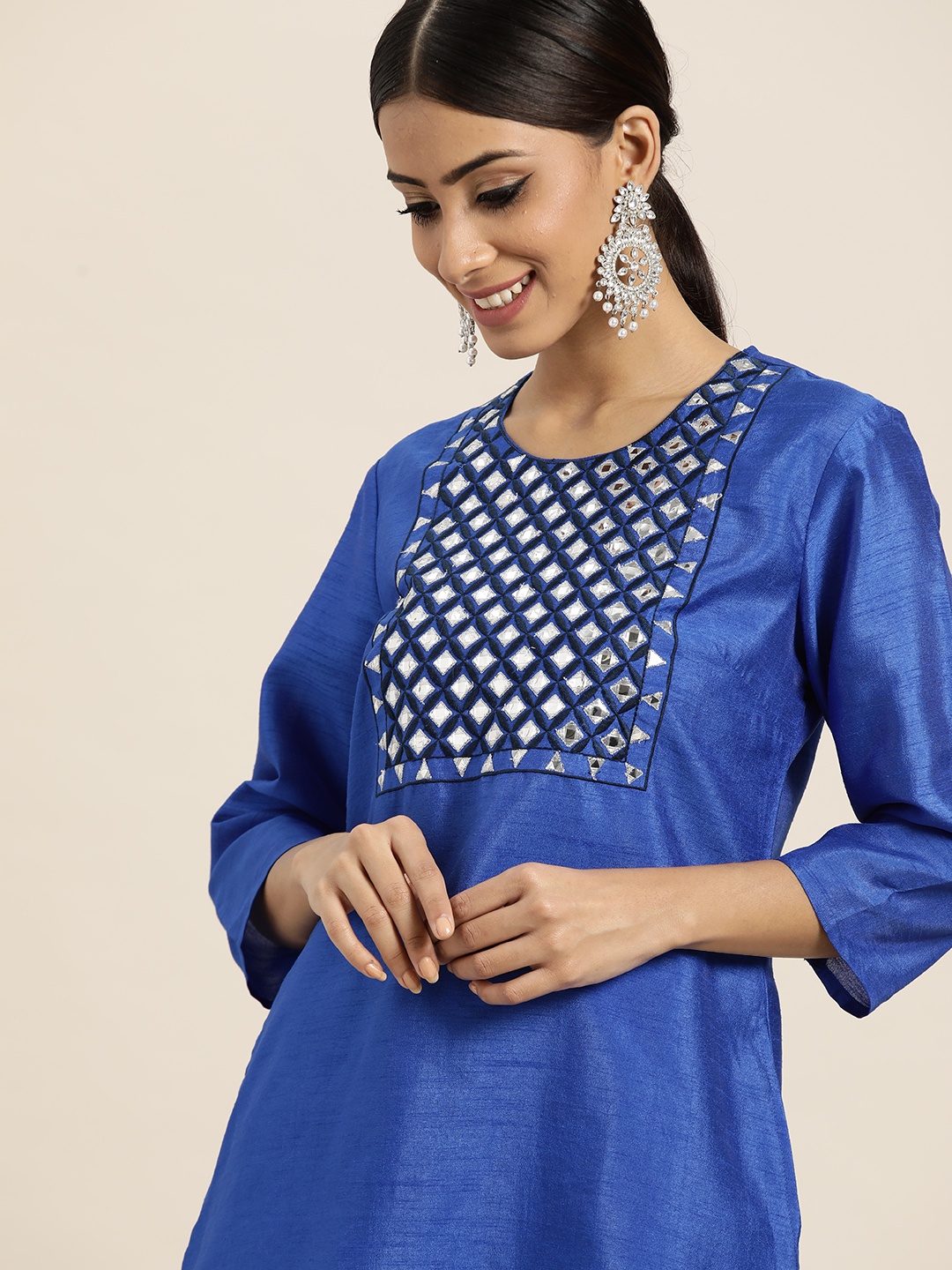 

Sangria Women Blue Yoke Design Mirror Work Kurta with Trousers