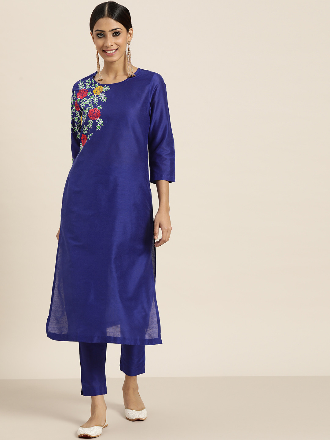 

Sangria Women Blue Floral Yoke Design Regular Kurta with Trousers