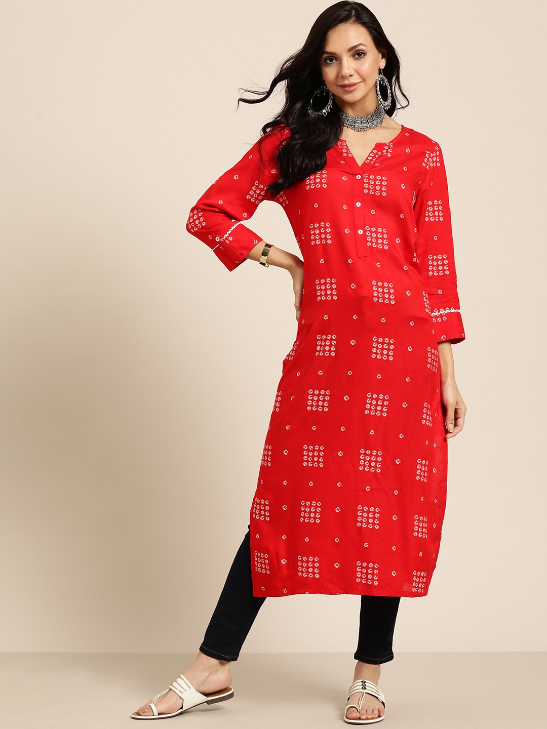 

Sangria Women Red & White Cotton Geometric Print Straight Kurta