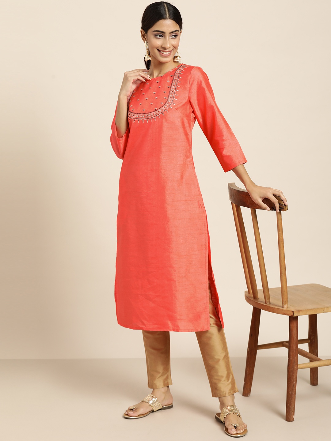 

Sangria Women Coral Orange Solid Straight Kurta with Embroidered Detail