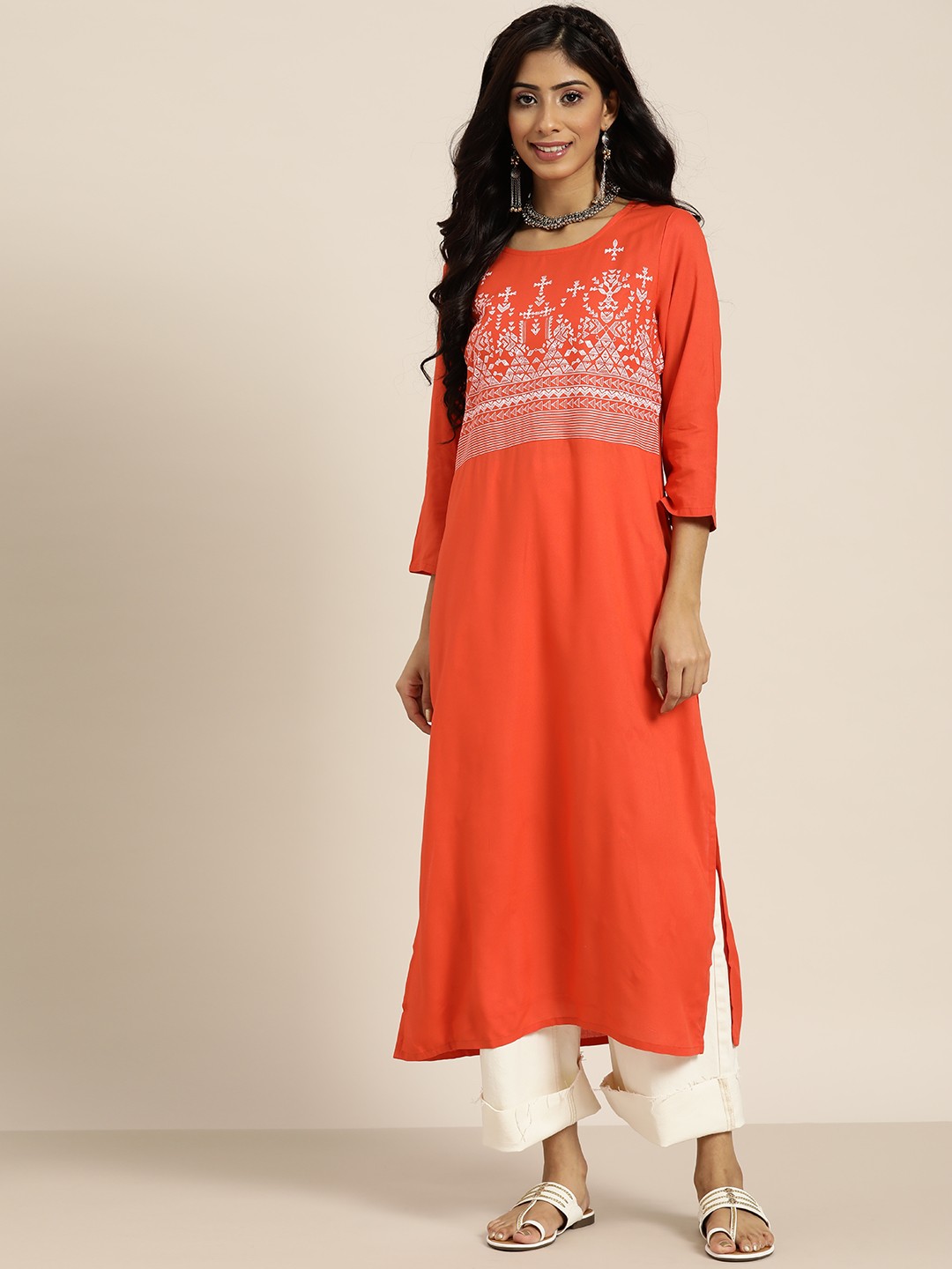 

Sangria Women Orange & White Ethnic Motifs Printed Kurta
