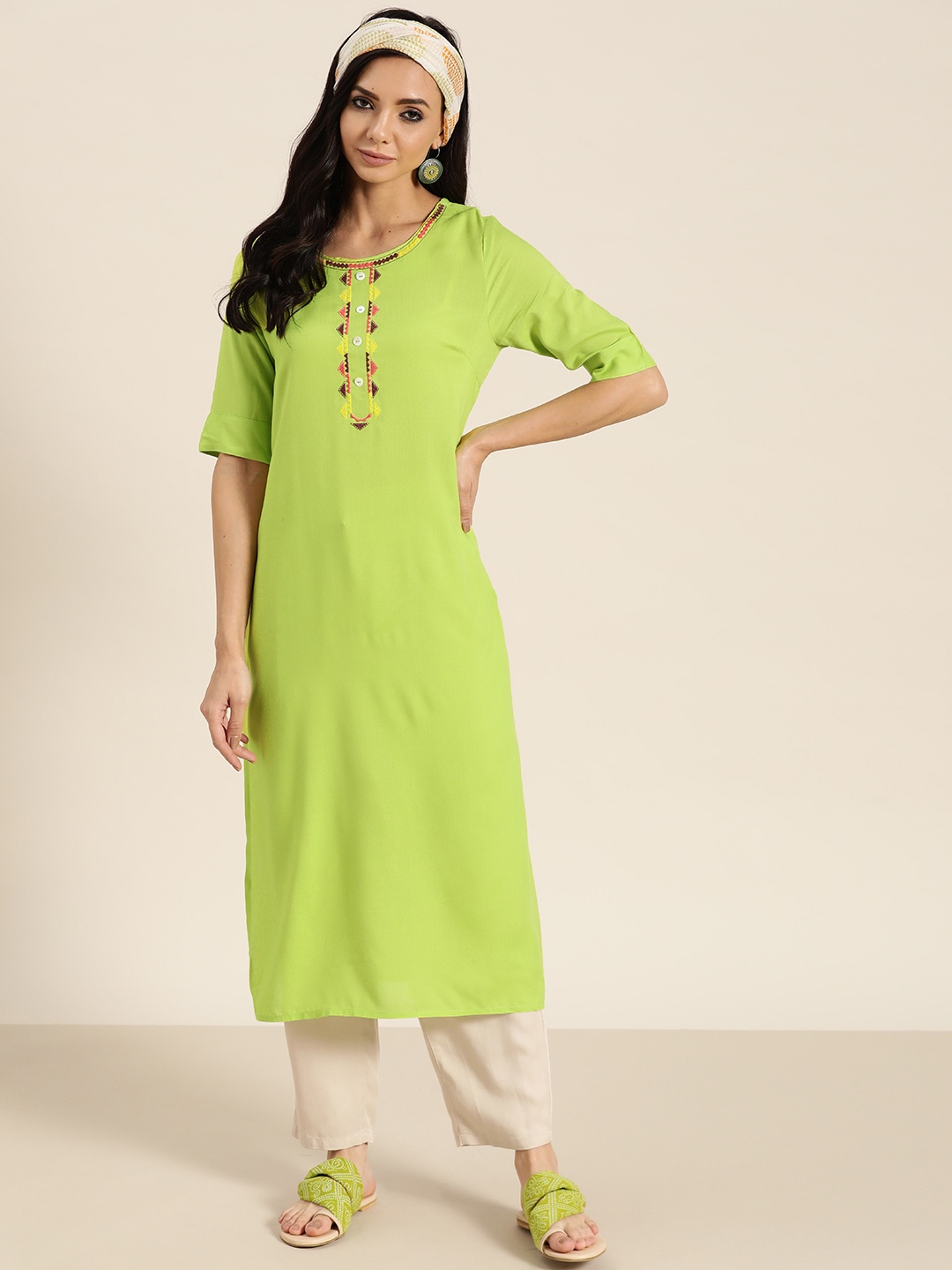 

Sangria Women Lime Green Thread Work Kurta