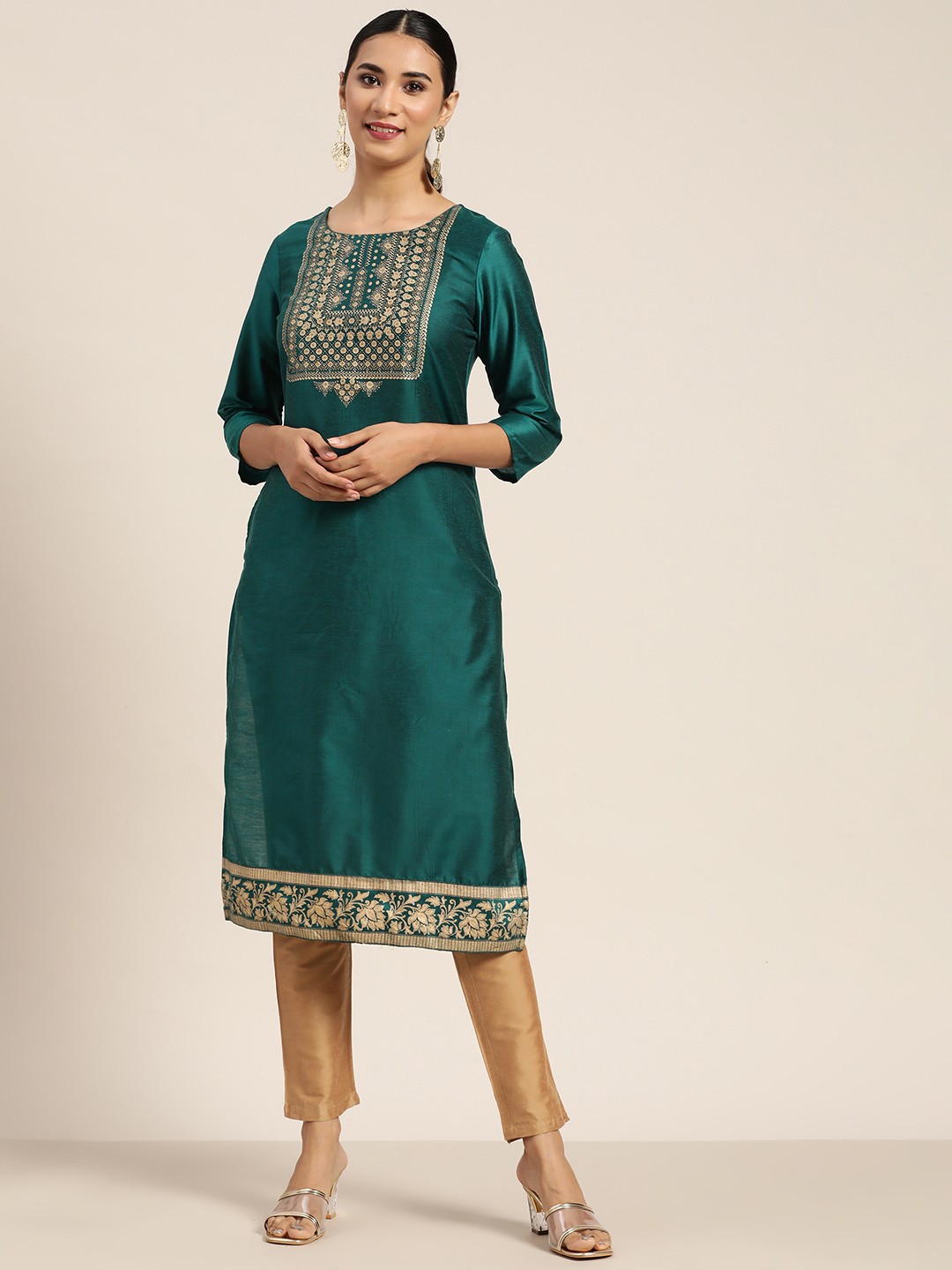 

Sangria Women Green & Golden Ethnic Motifs Printed Straight Kurta