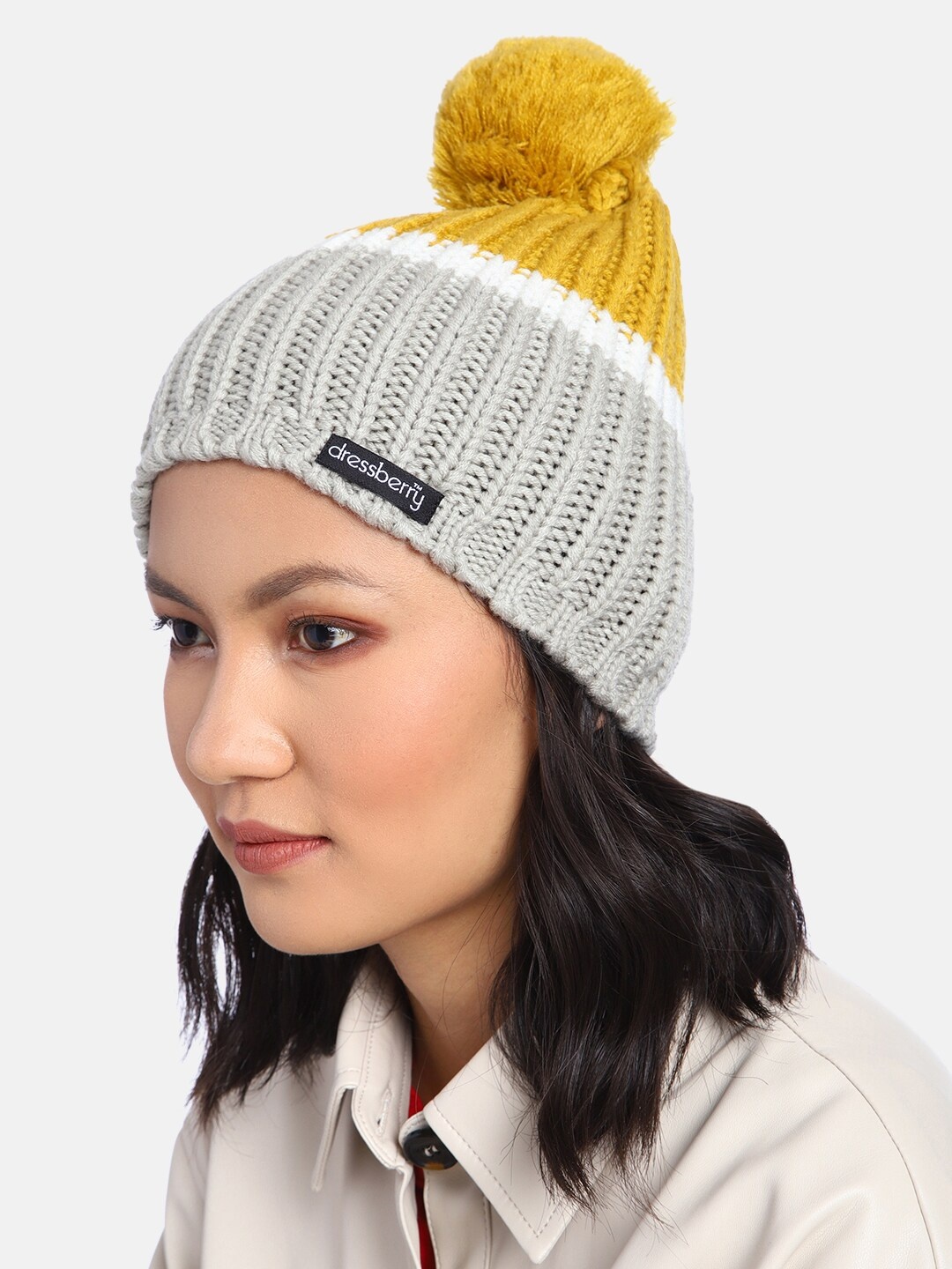 

DressBerry Women Mustard Yellow & Grey Colourblocked Beanie